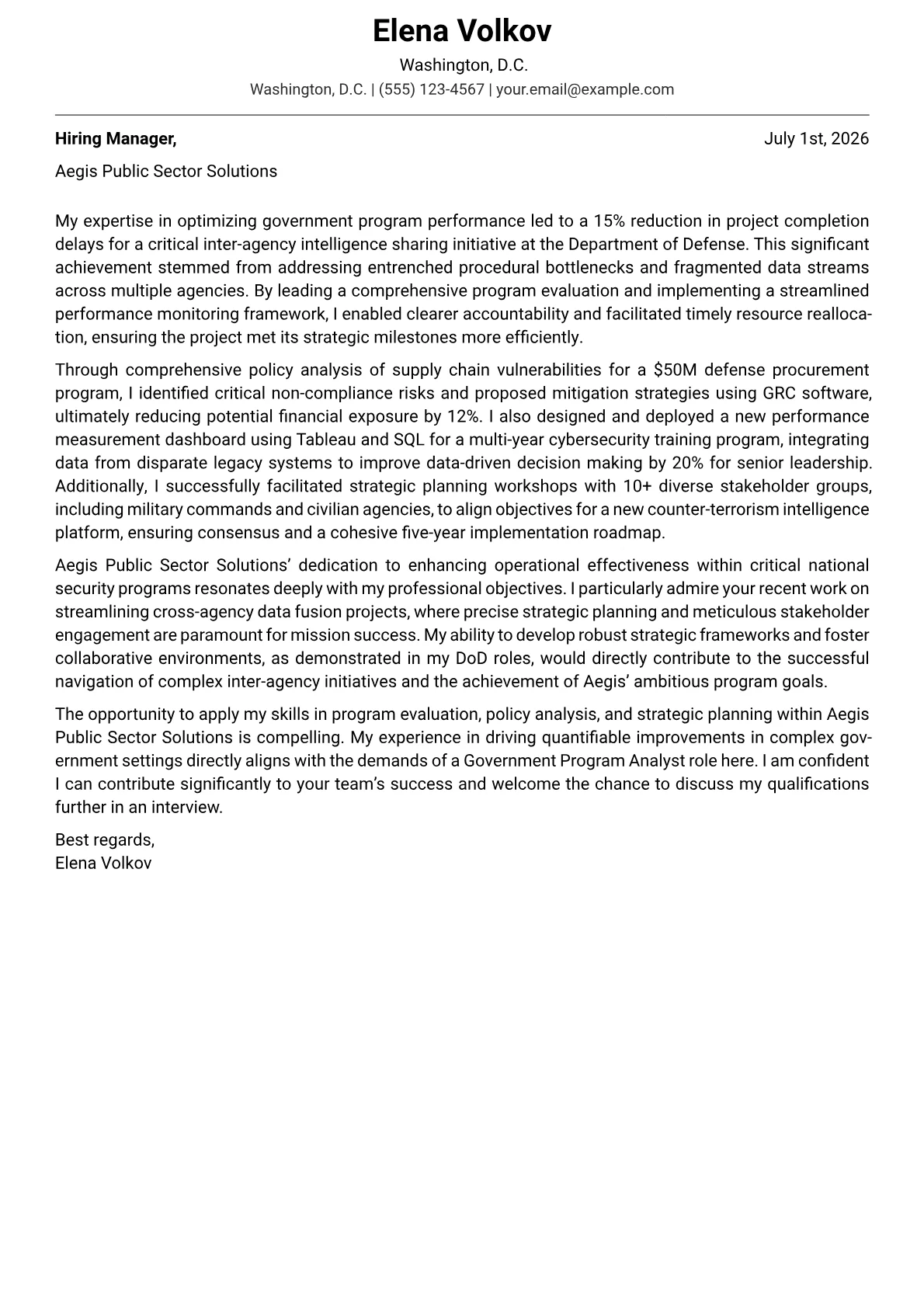 Government Program Analyst cover letter formatted with a JobSprout template
