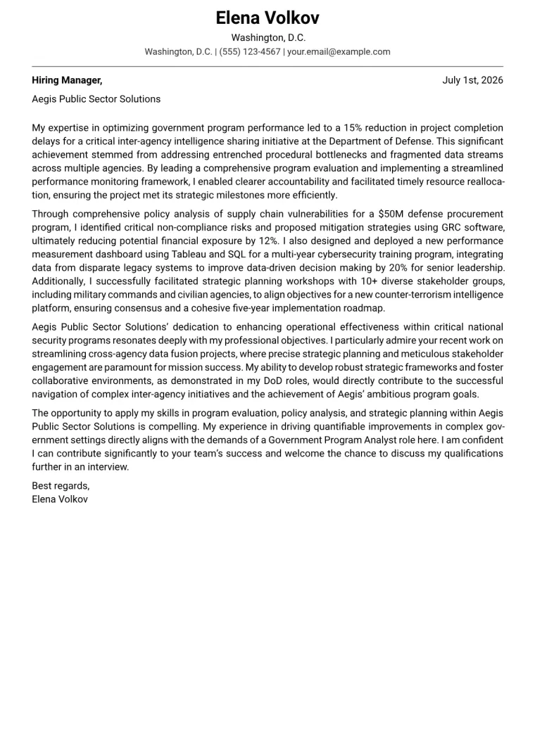 Government Program Analyst cover letter example preview