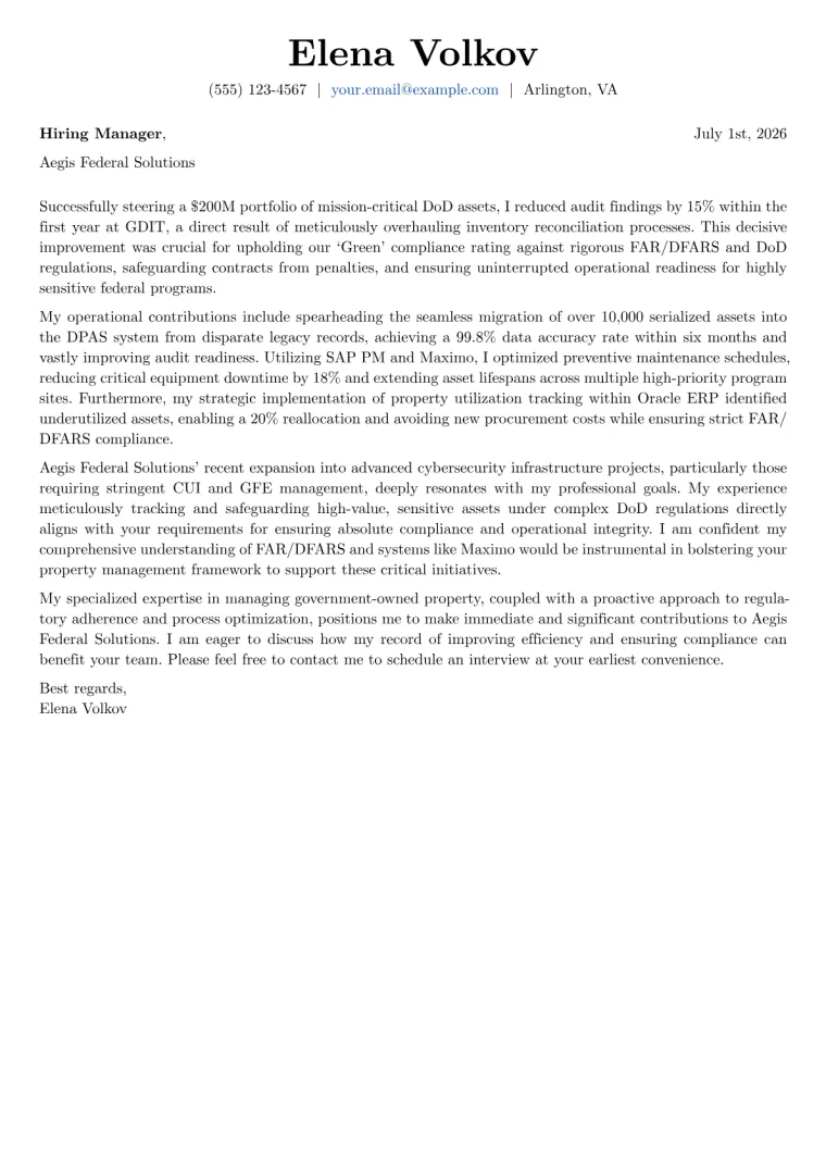 Government Property Manager cover letter example preview