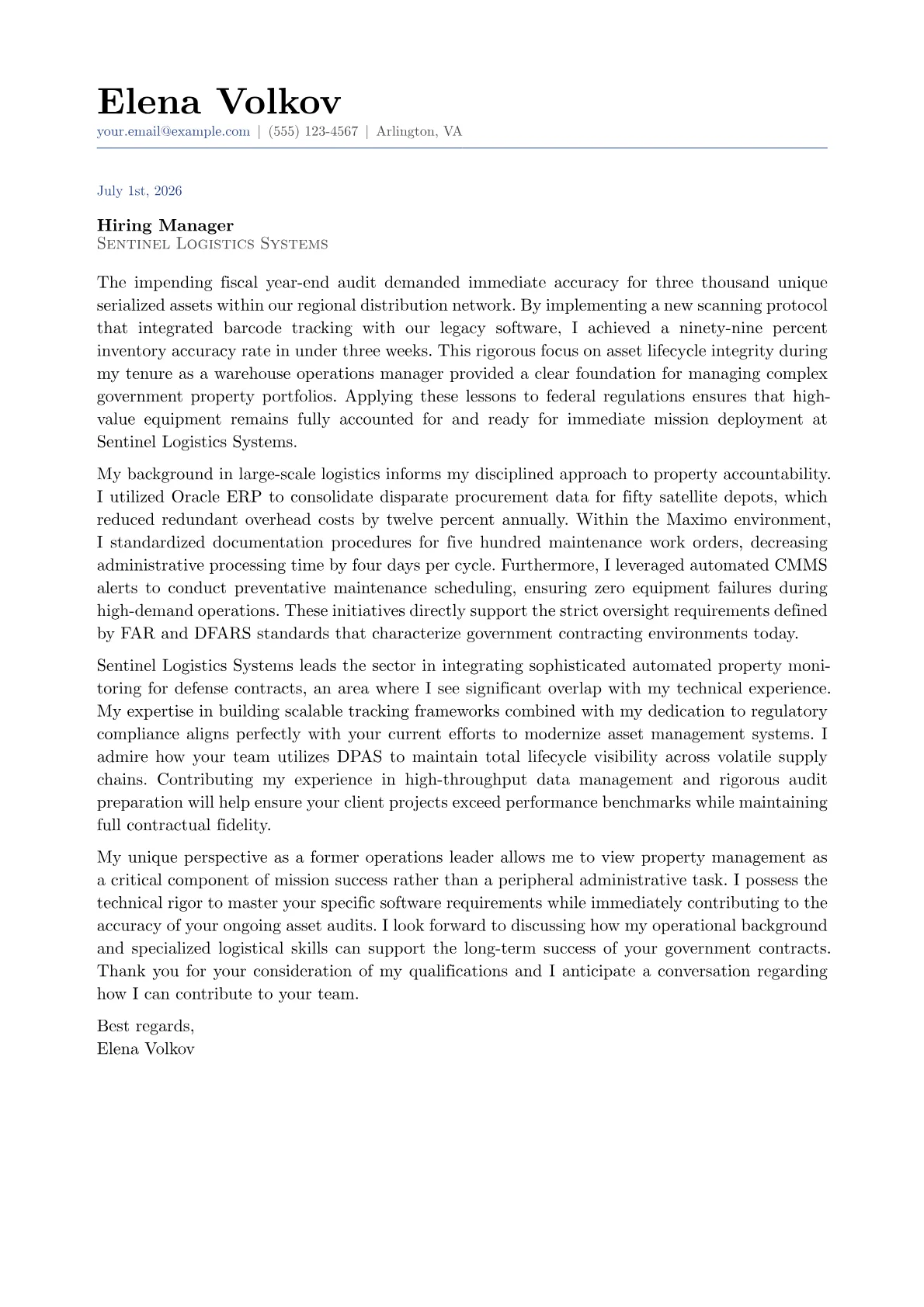 Government Property Manager cover letter in the Classic design
