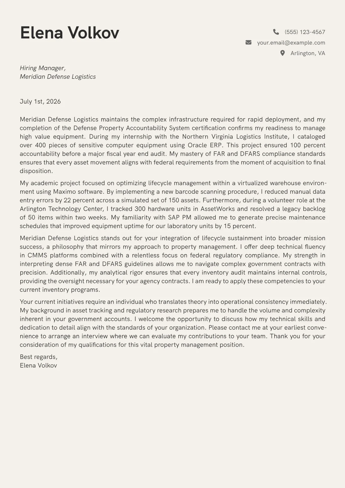 Government Property Manager cover letter in the Creative design