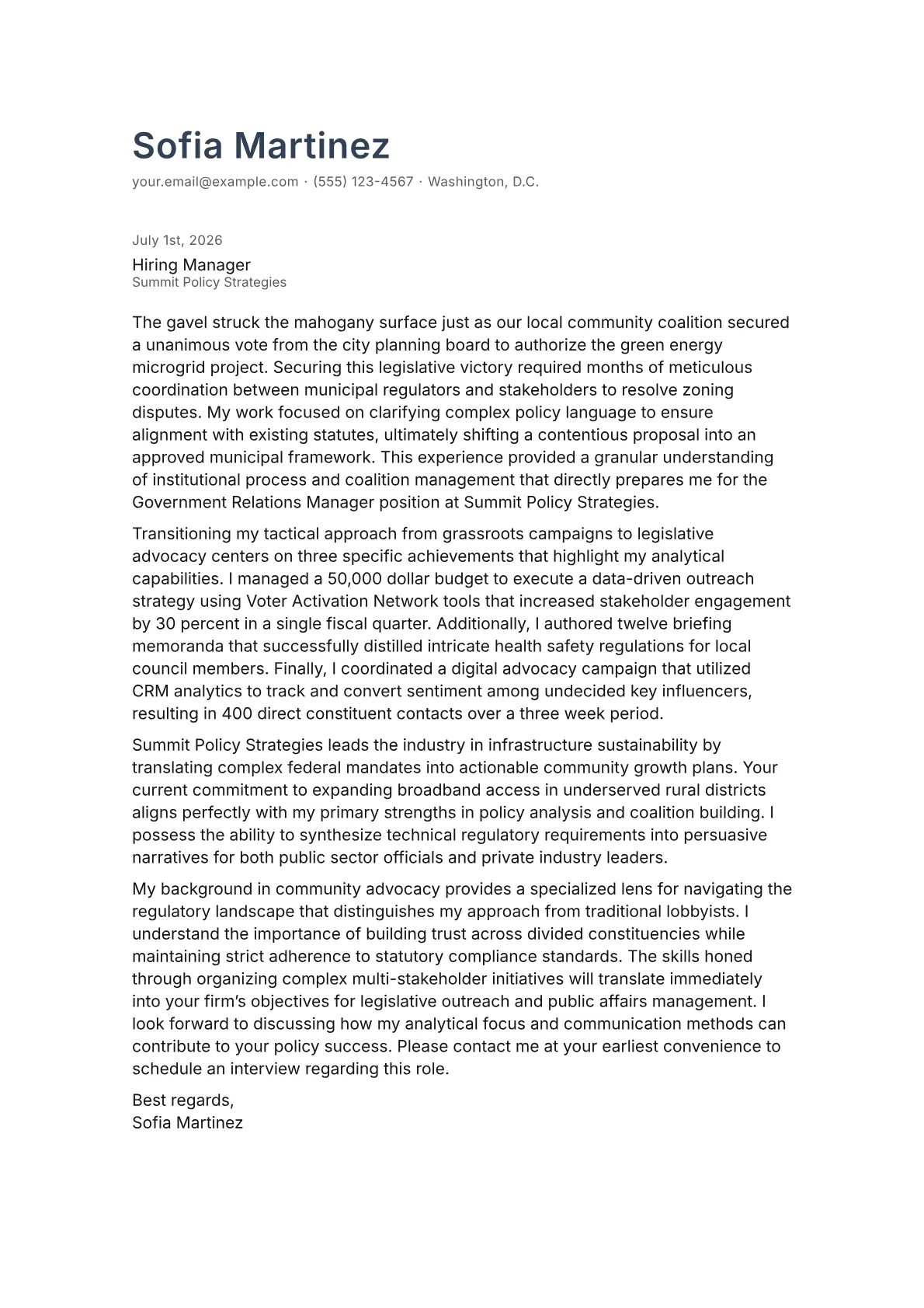 Government Relations Manager cover letter in the Minimal design