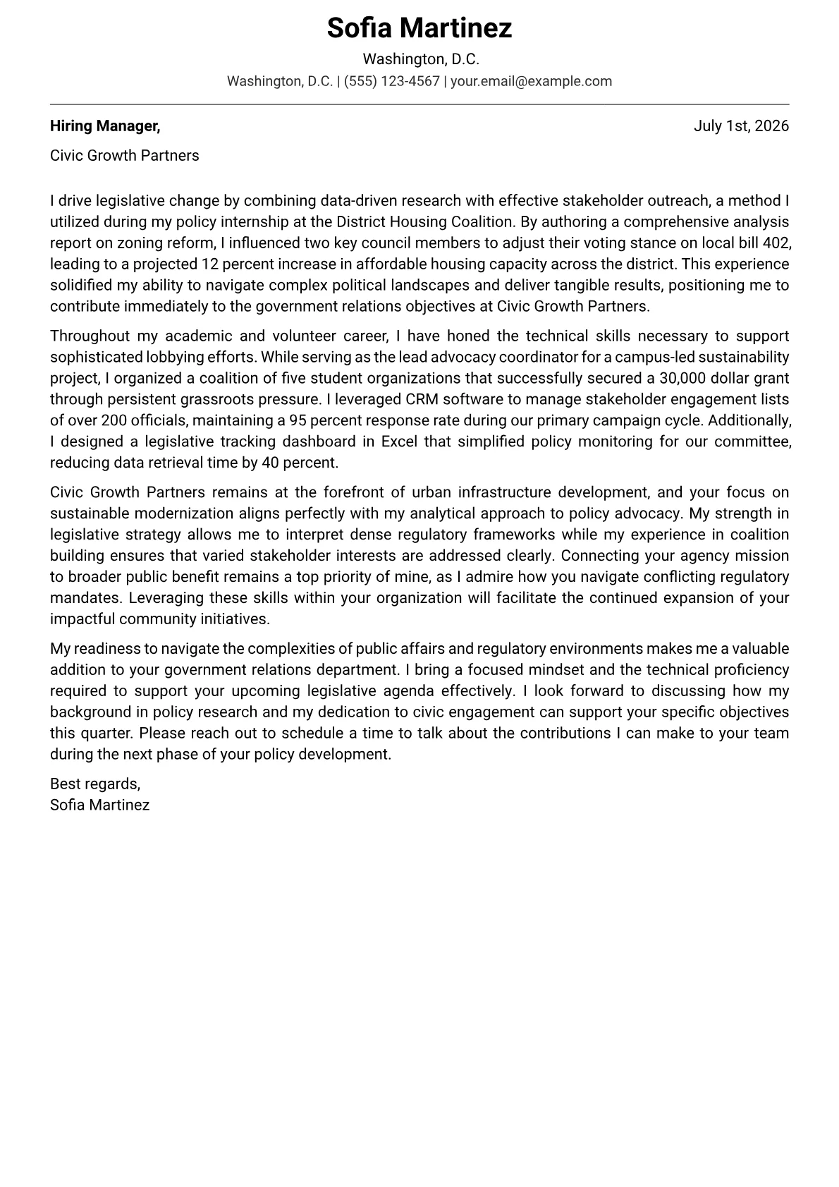 Government Relations Manager cover letter in the Modern design