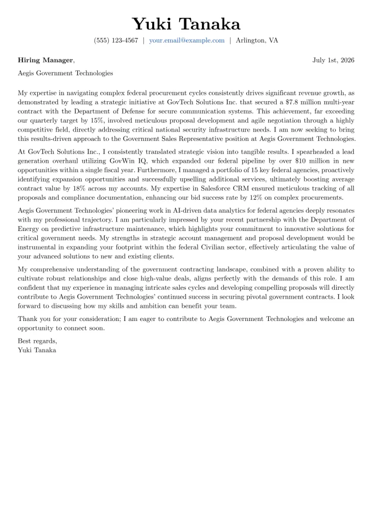 Government Sales Representative cover letter example preview