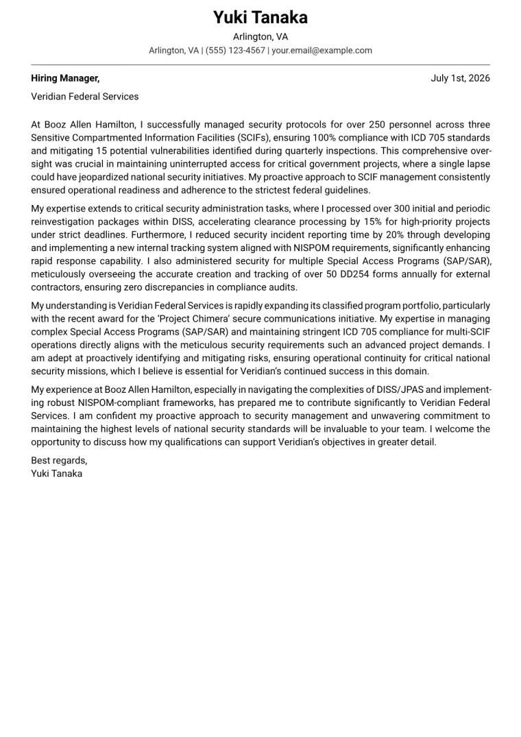 Government Security Specialist cover letter example preview