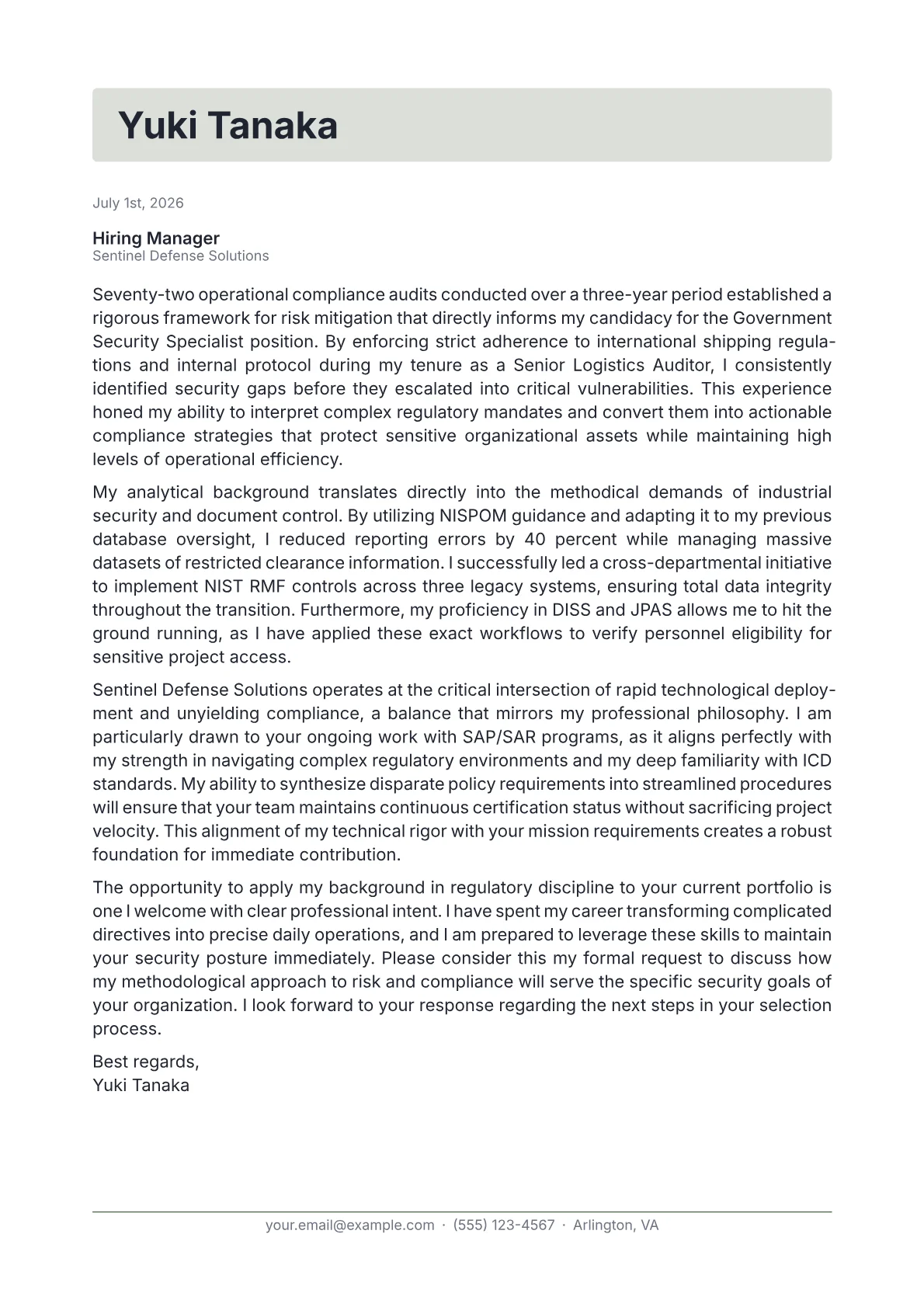 Government Security Specialist cover letter in the Letterhead design