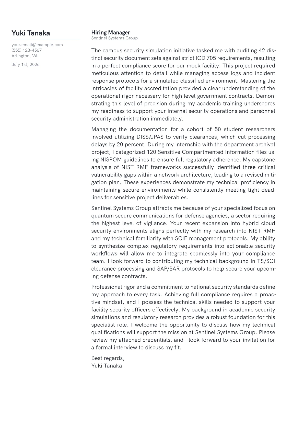 Government Security Specialist cover letter in the Margin design