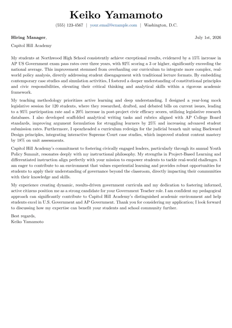 Government Teacher cover letter example preview