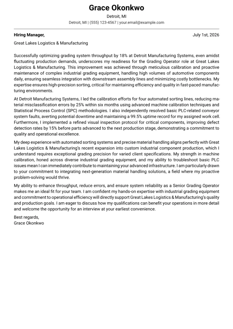 Grading Operator cover letter example
