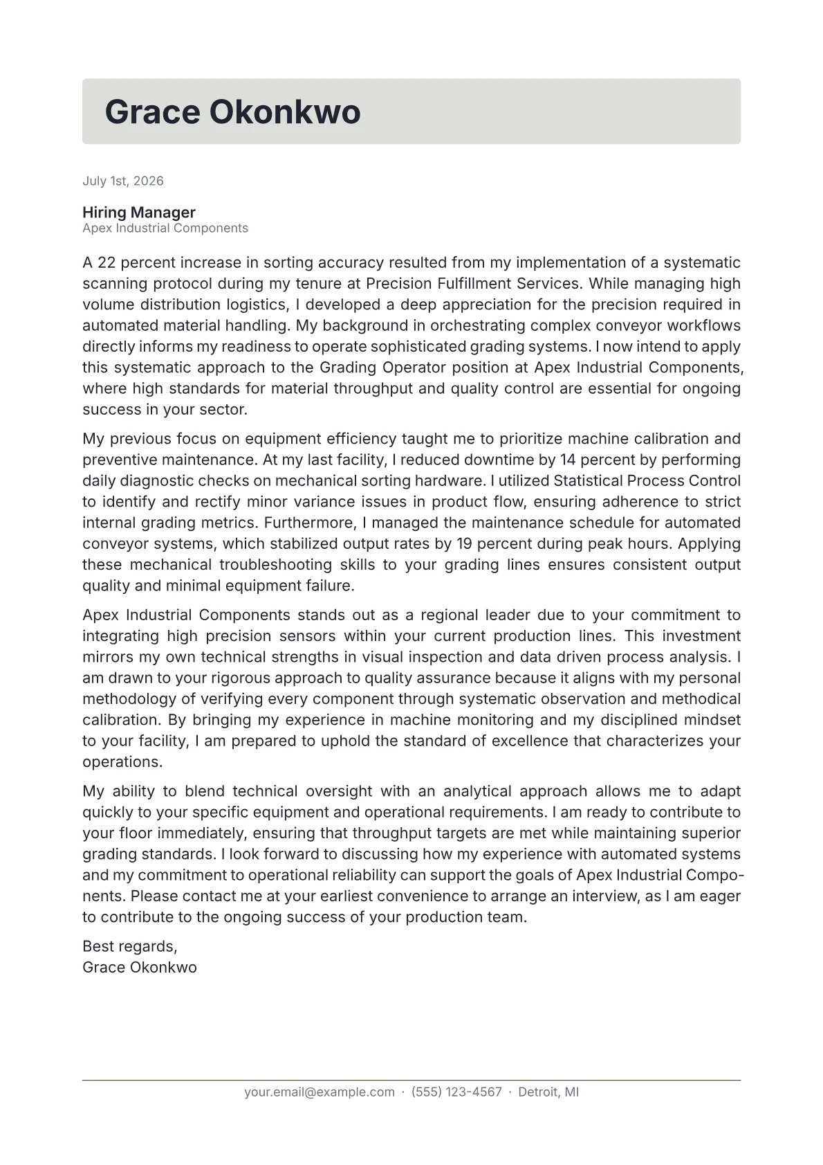 Grading Operator cover letter in the Letterhead design