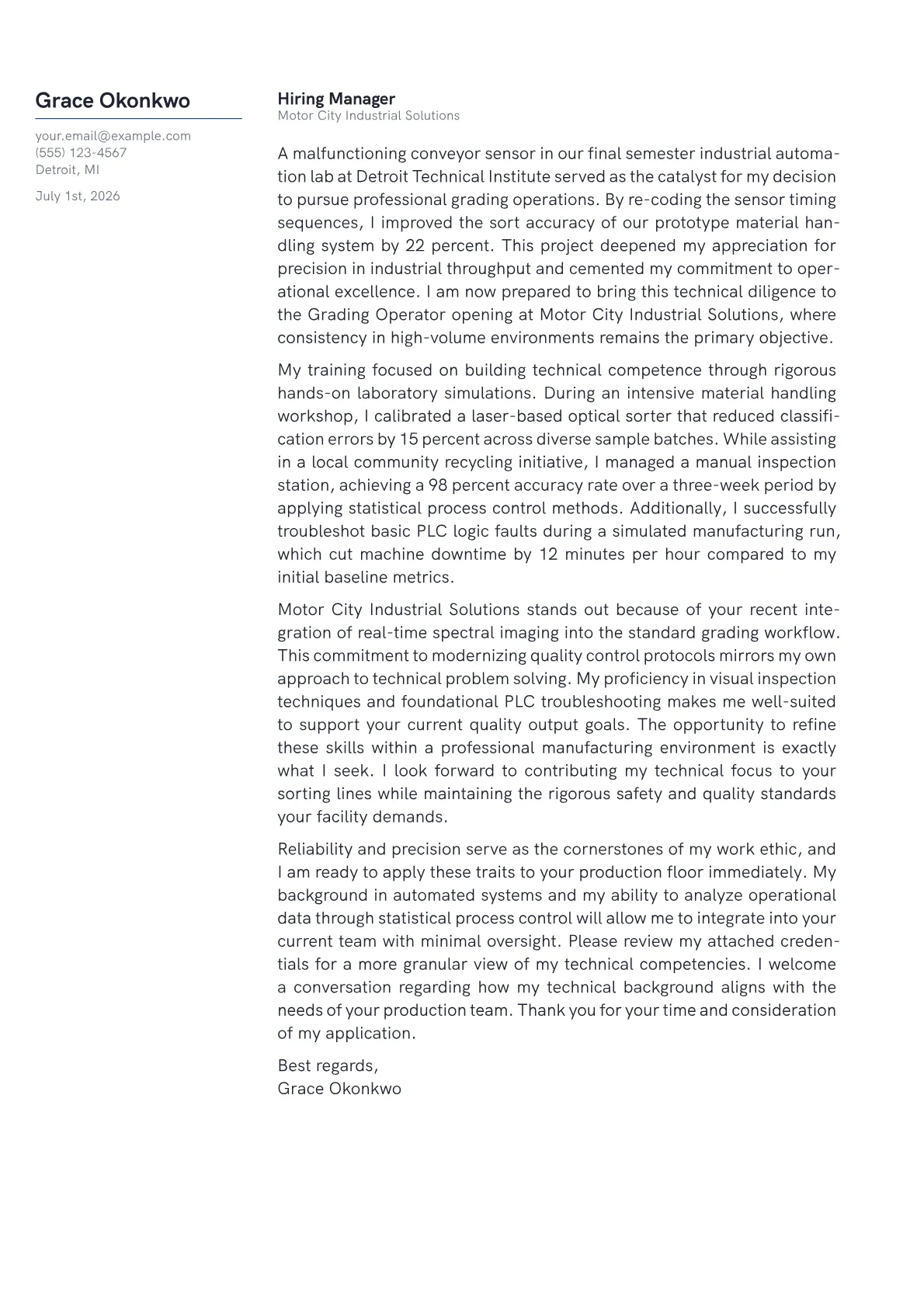 Grading Operator cover letter in the Margin design