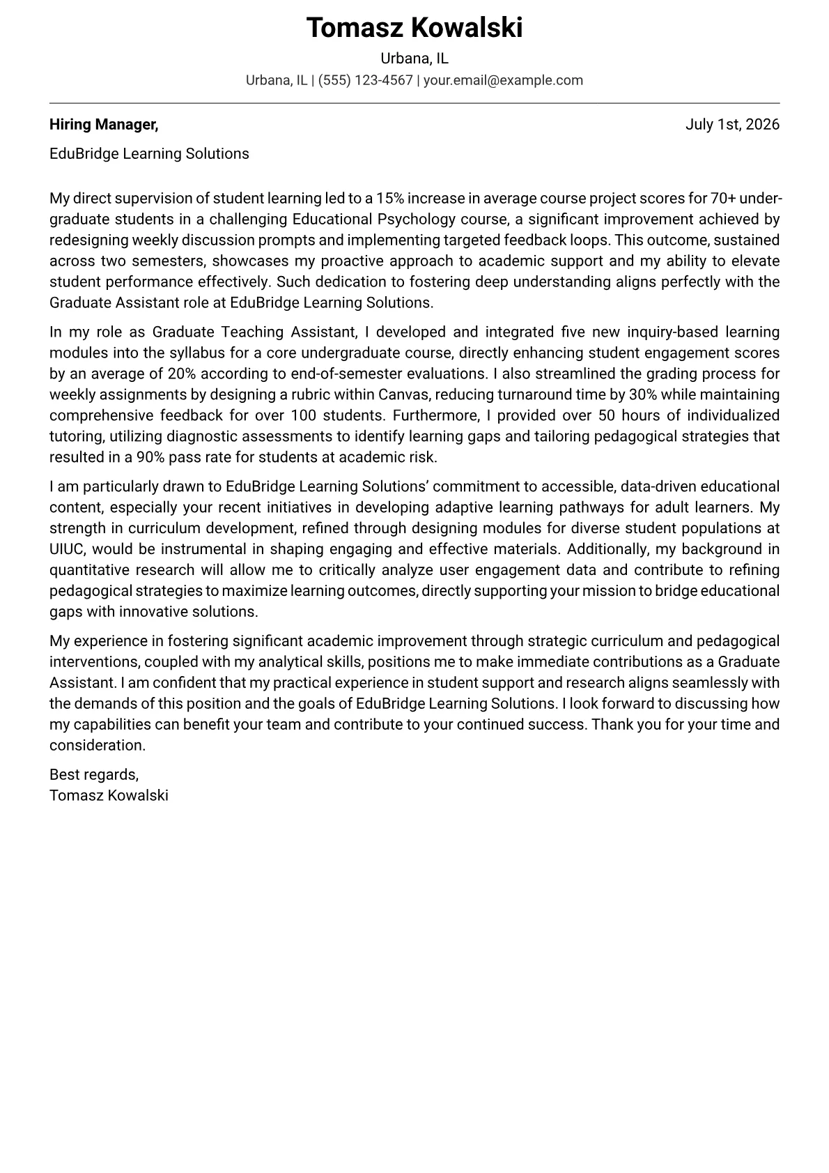 Graduate Assistant cover letter formatted with a JobSprout template