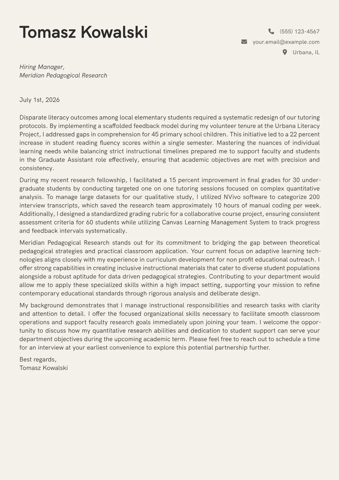 Graduate Assistant cover letter in the Creative design