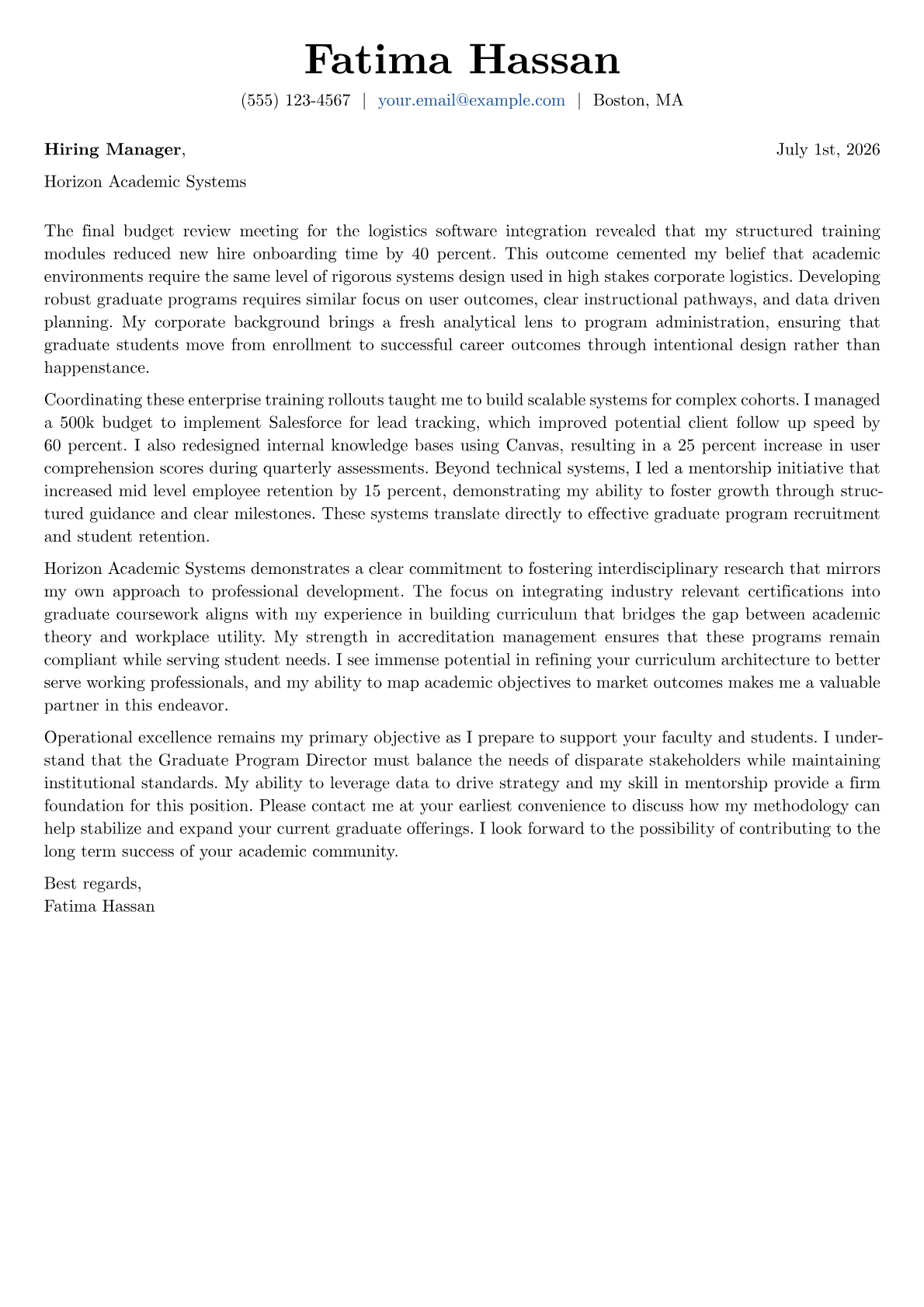 Graduate Program Director cover letter in the Basic design