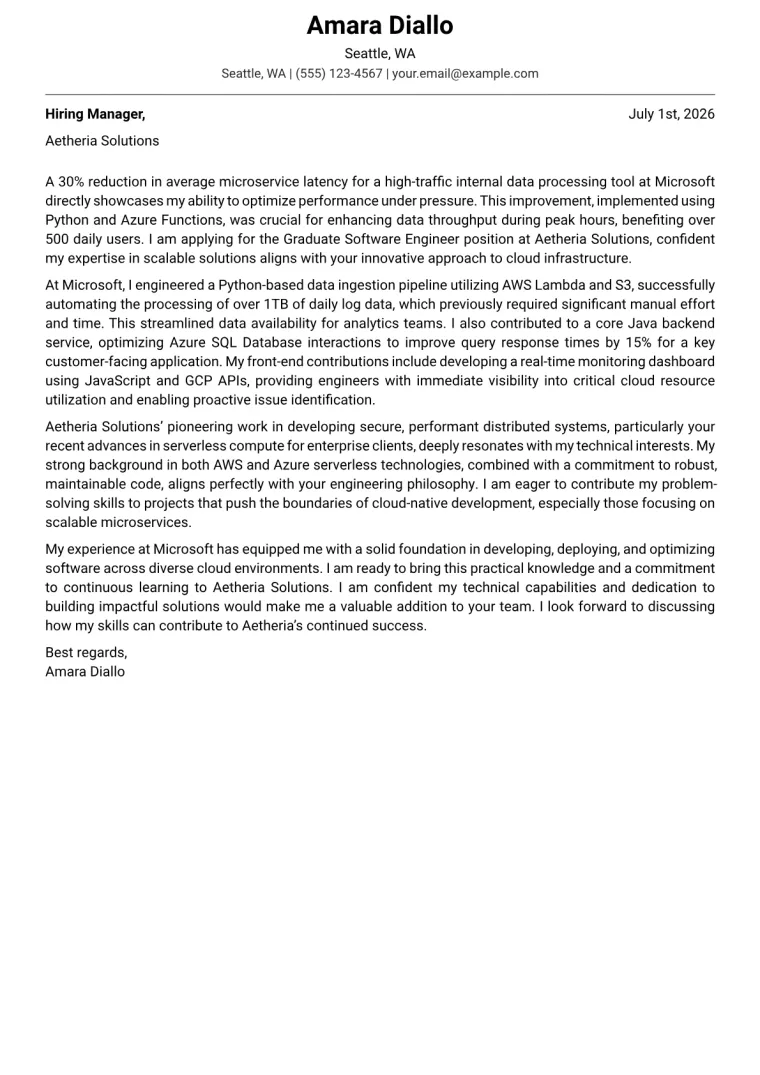 Graduate Software Engineer cover letter example preview