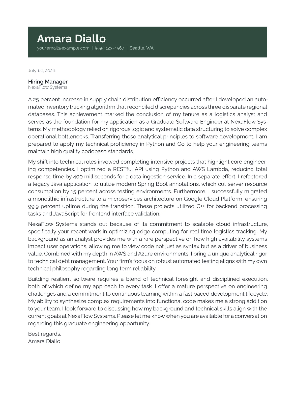 Graduate Software Engineer cover letter in the Banner design