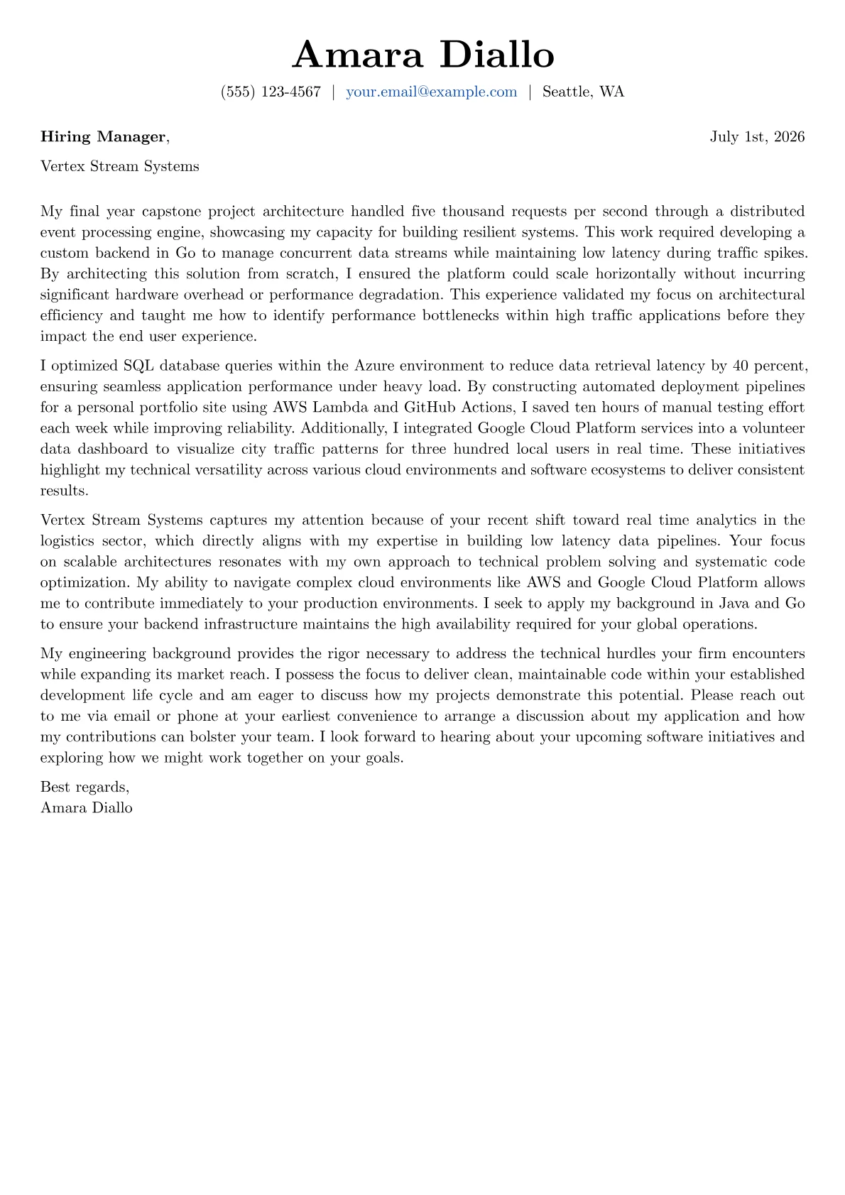 Graduate Software Engineer cover letter in the Basic design