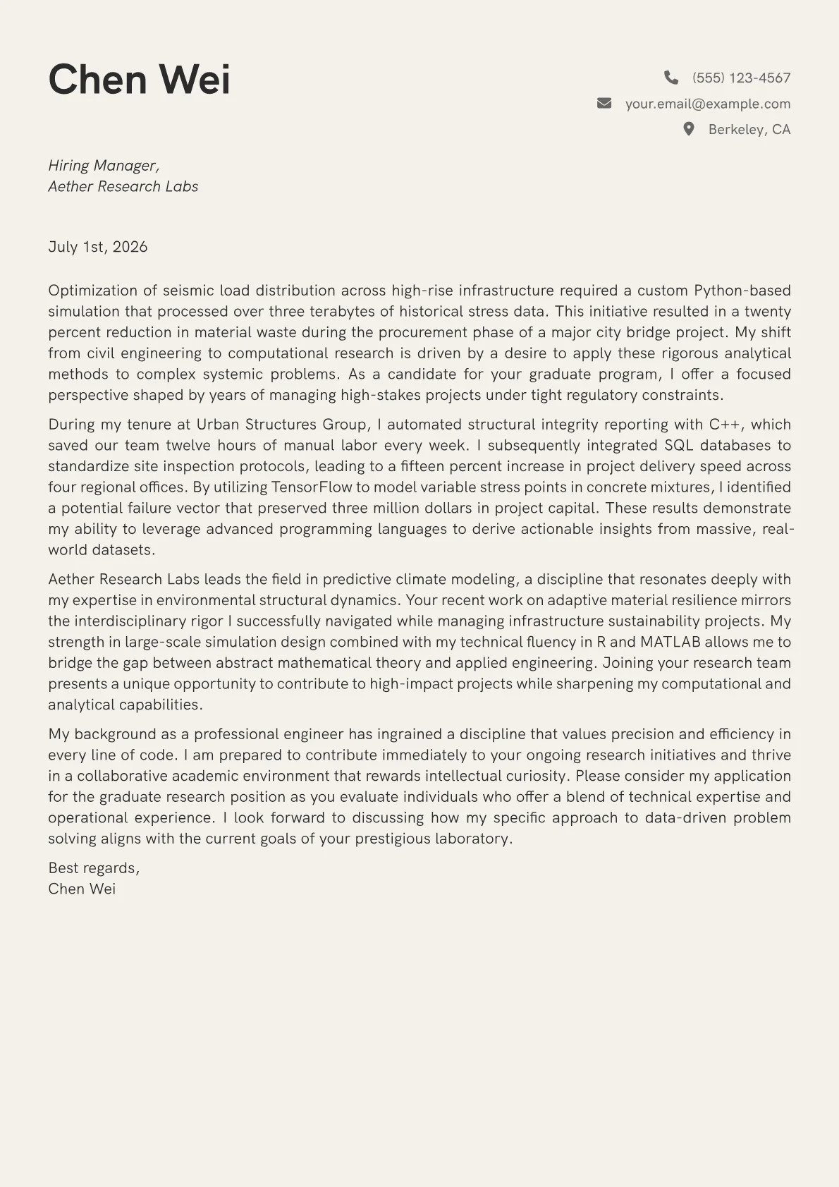 Graduate Student cover letter in the Creative design