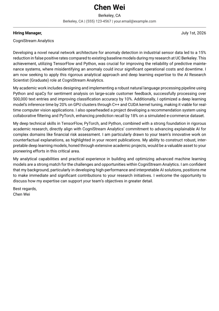 Graduate Student Cover Letter Example