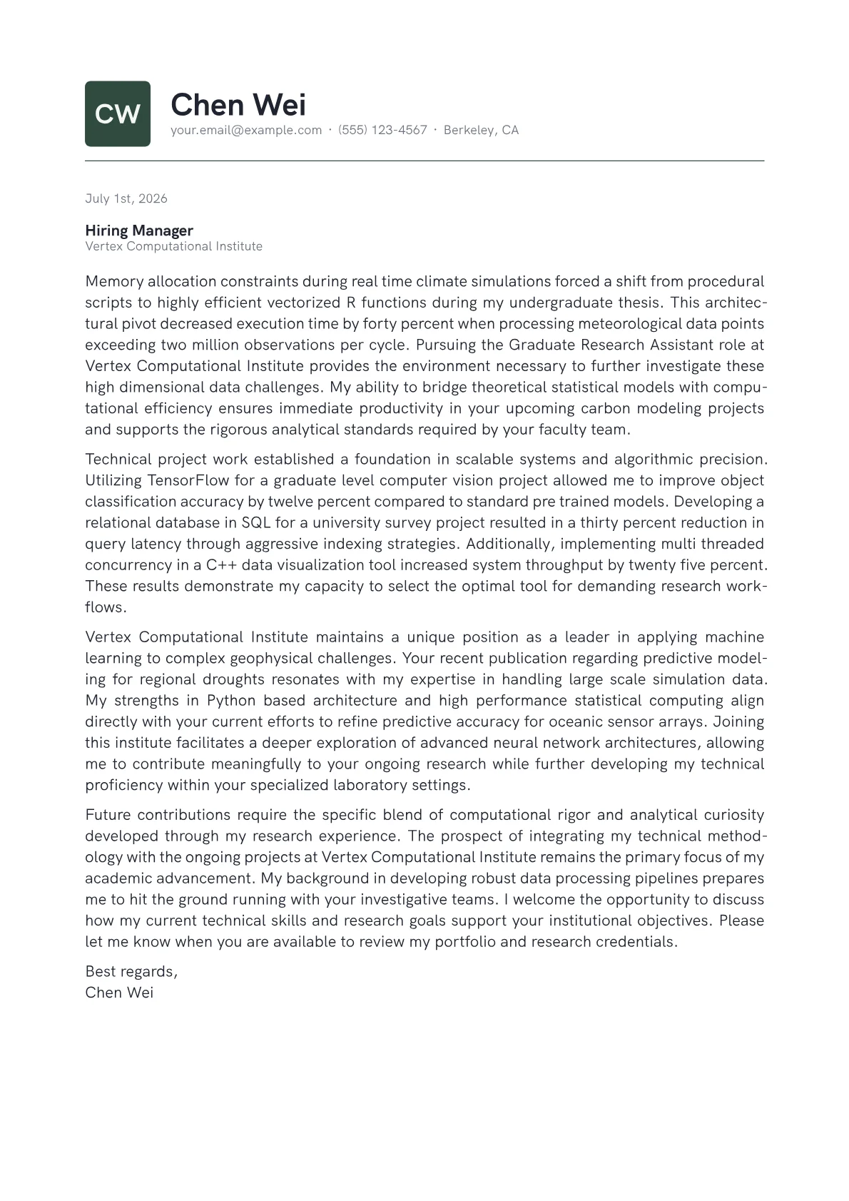 Graduate Student cover letter in the Emblem design