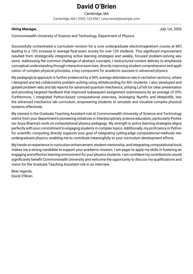 Graduate Teaching Assistant cover letter example preview