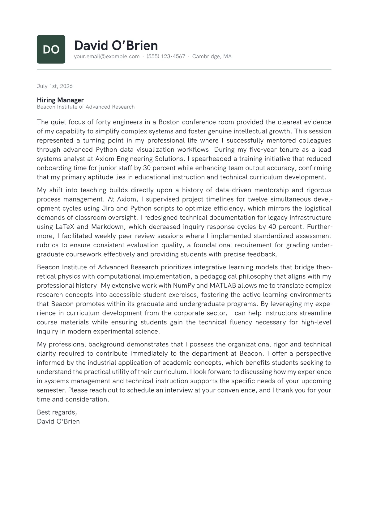 Graduate Teaching Assistant cover letter in the Emblem design