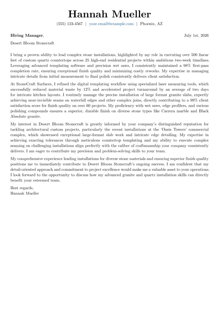 Granite Installer cover letter example preview