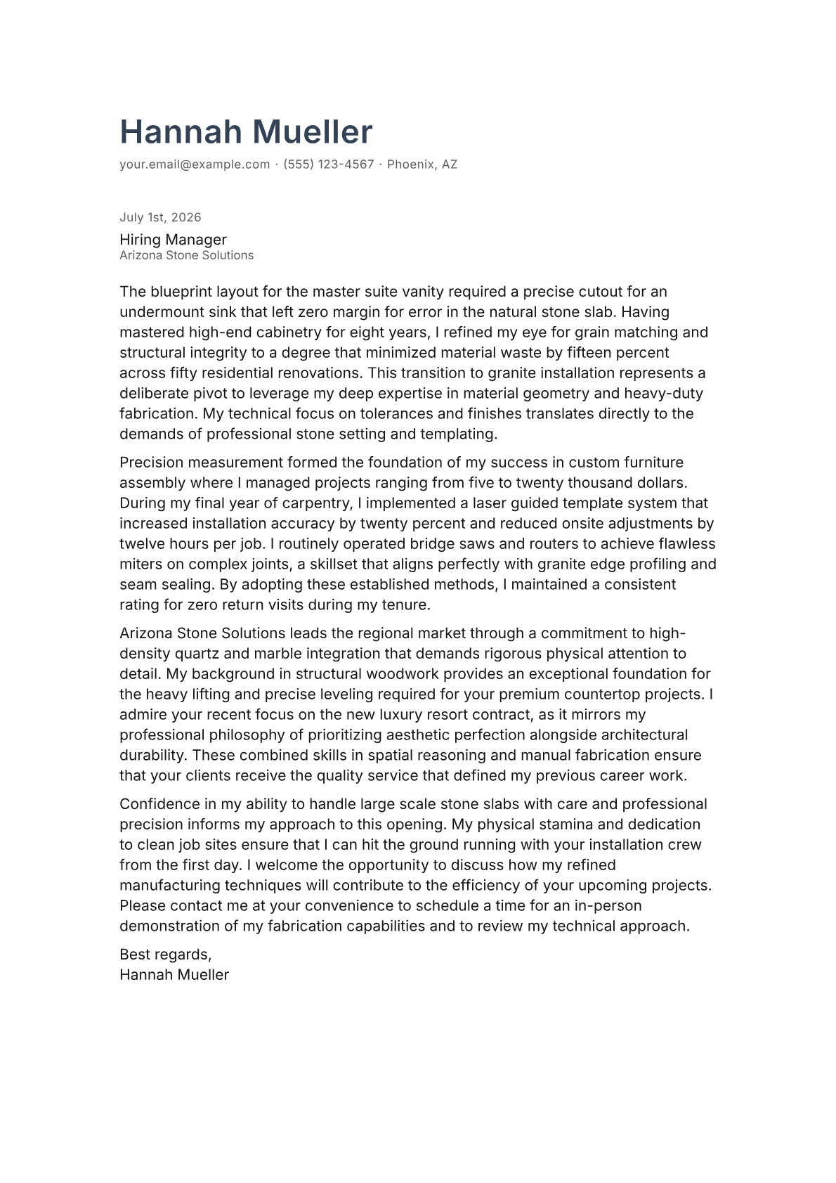 Granite Installer cover letter in the Minimal design