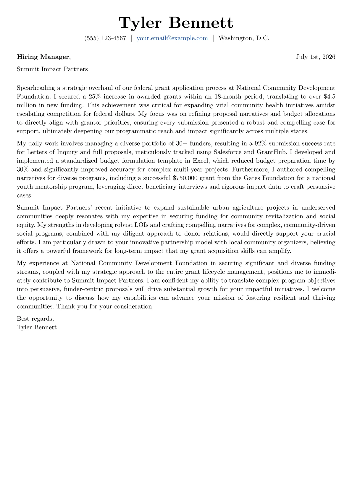 Grant Writer cover letter formatted with a JobSprout template