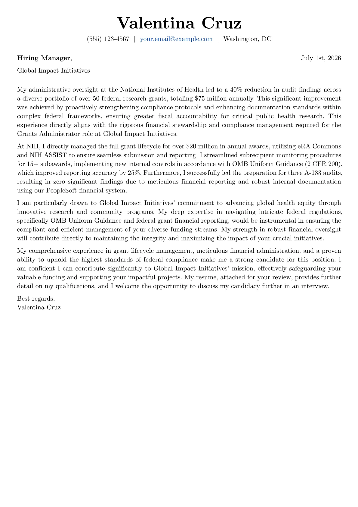 Grants Administrator cover letter formatted with a JobSprout template