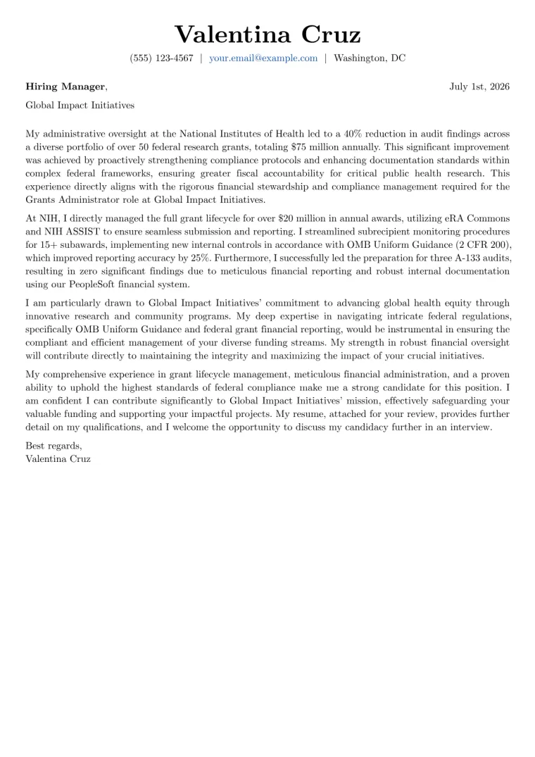 Grants Administrator cover letter example preview