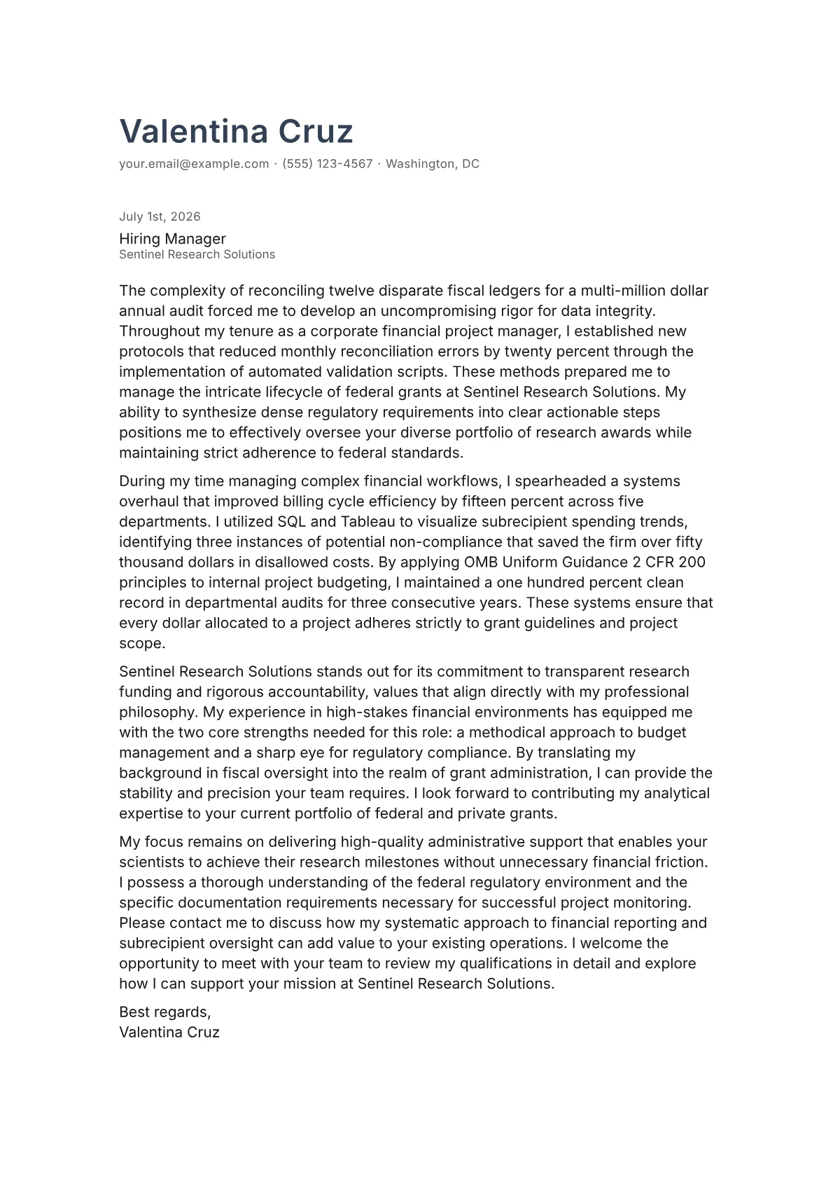 Grants Administrator cover letter in the Minimal design