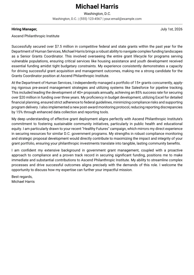 Grants Coordinator cover letter example preview