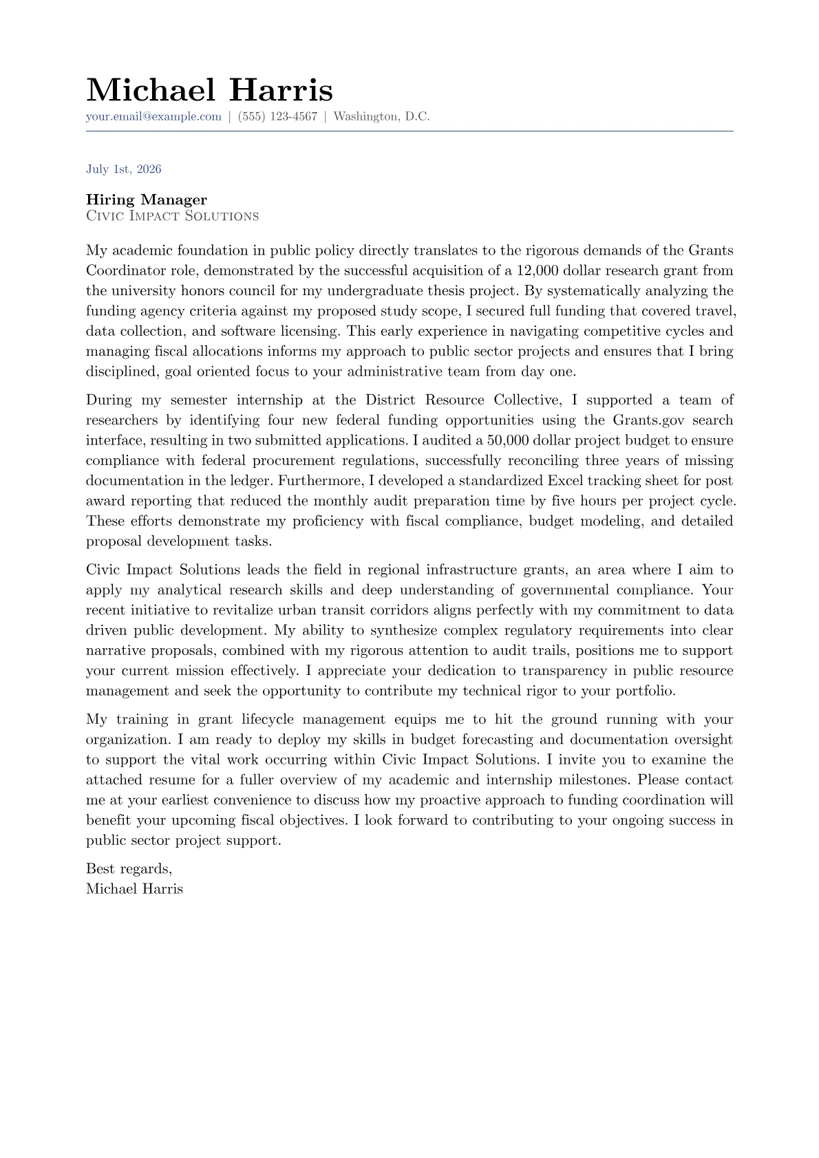 Grants Coordinator cover letter in the Classic design