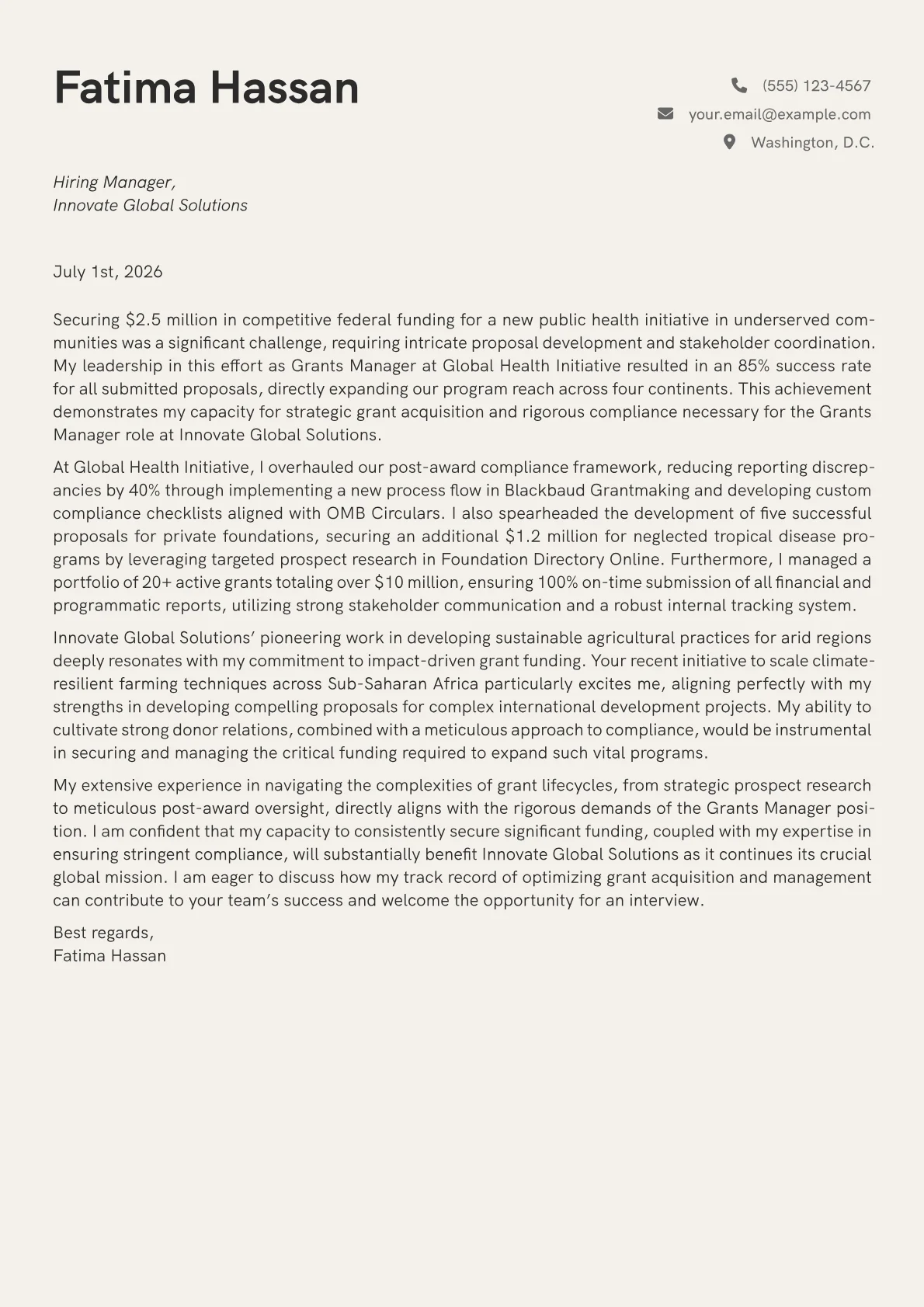 Grants Manager cover letter formatted with a JobSprout template