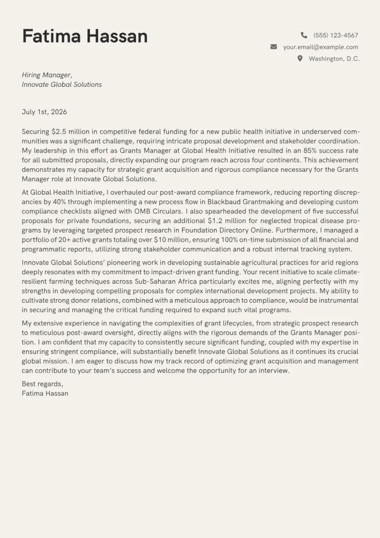 Grants Manager cover letter example preview