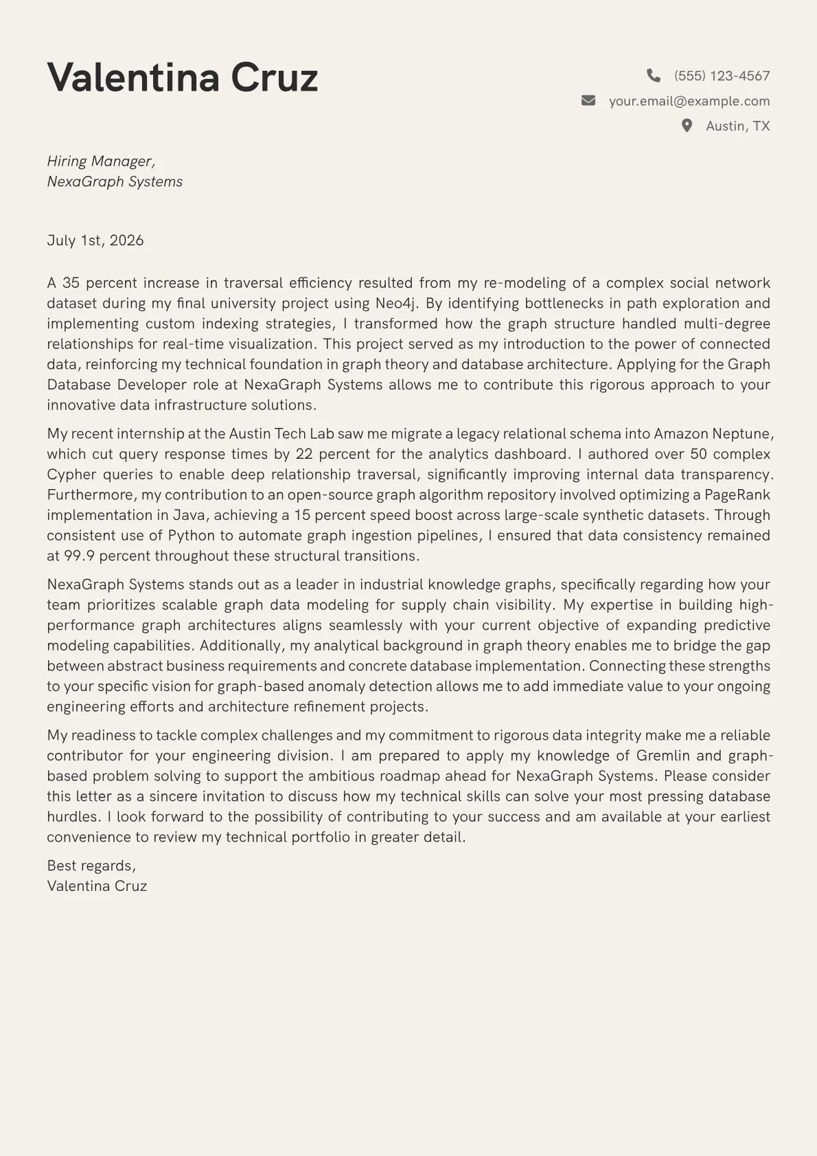 Graph Database Developer cover letter in the Creative design