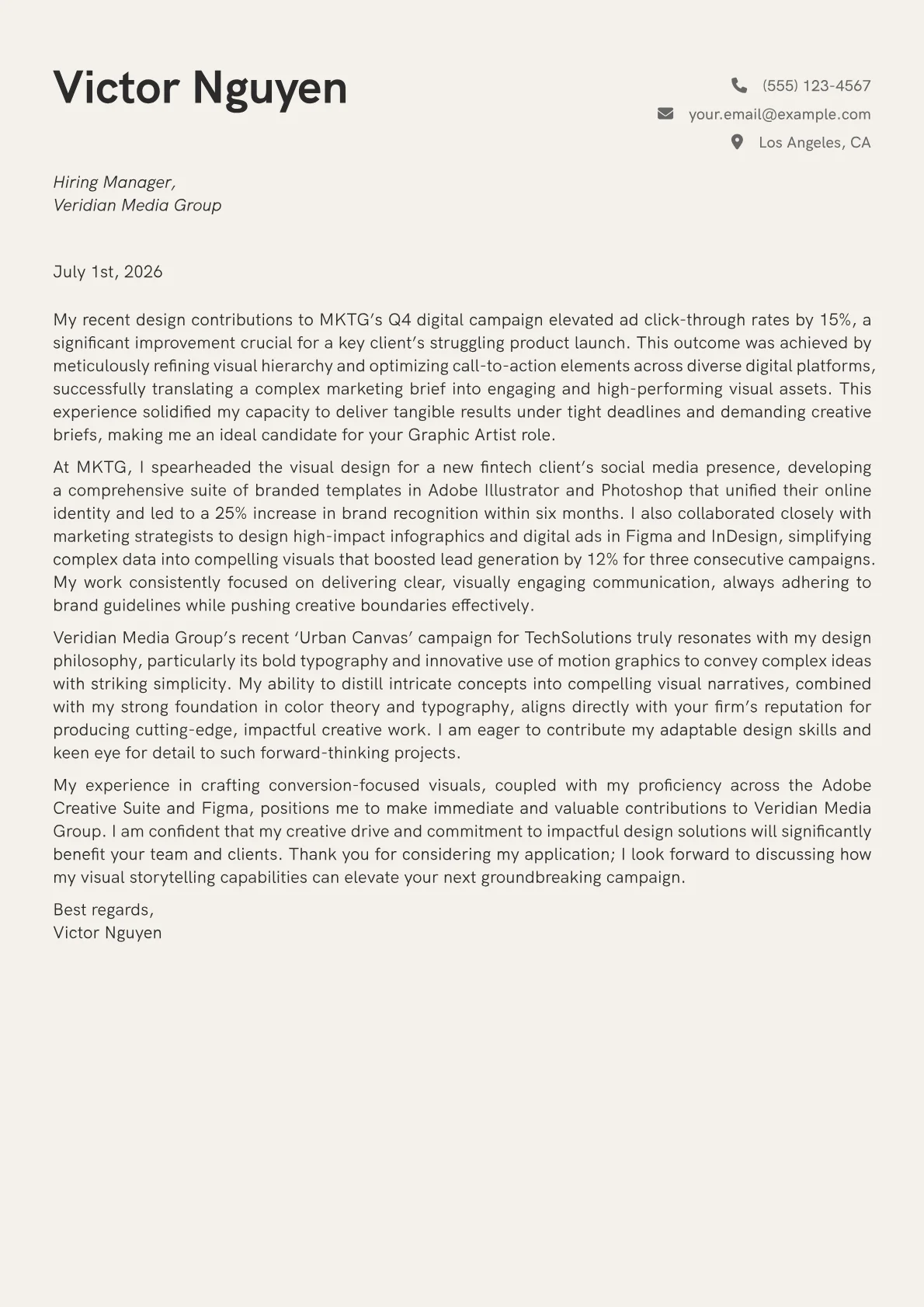 Graphic Artist cover letter formatted with a JobSprout template