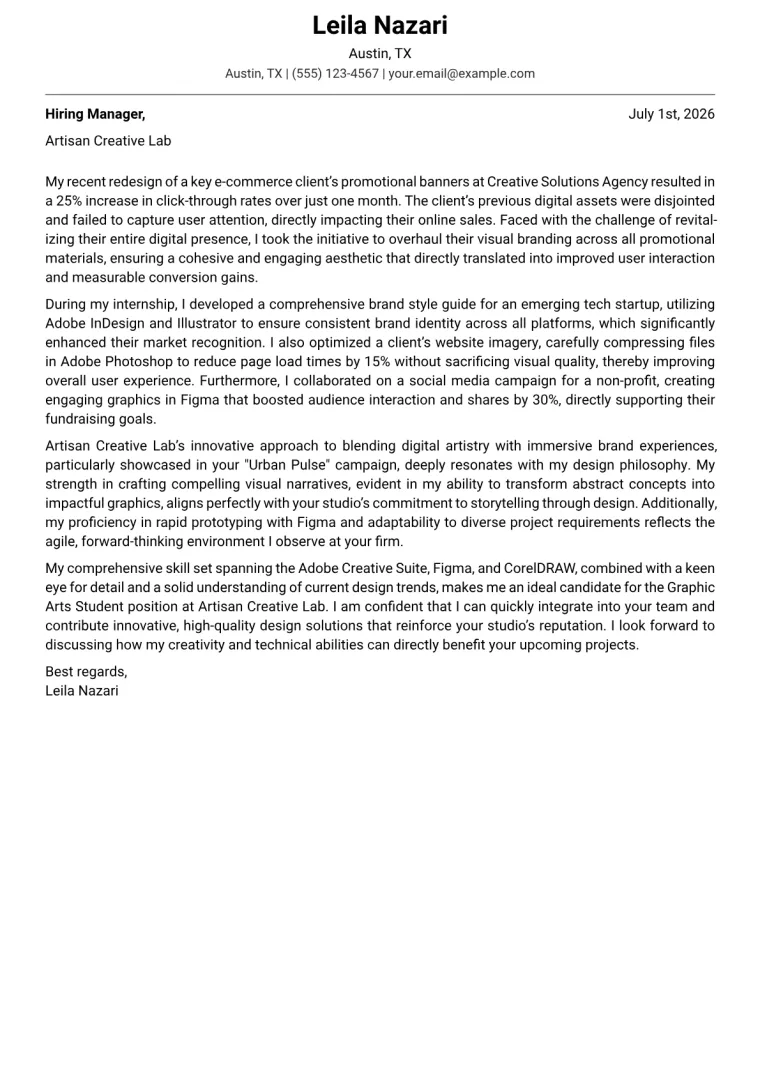 Graphic Arts Student cover letter example