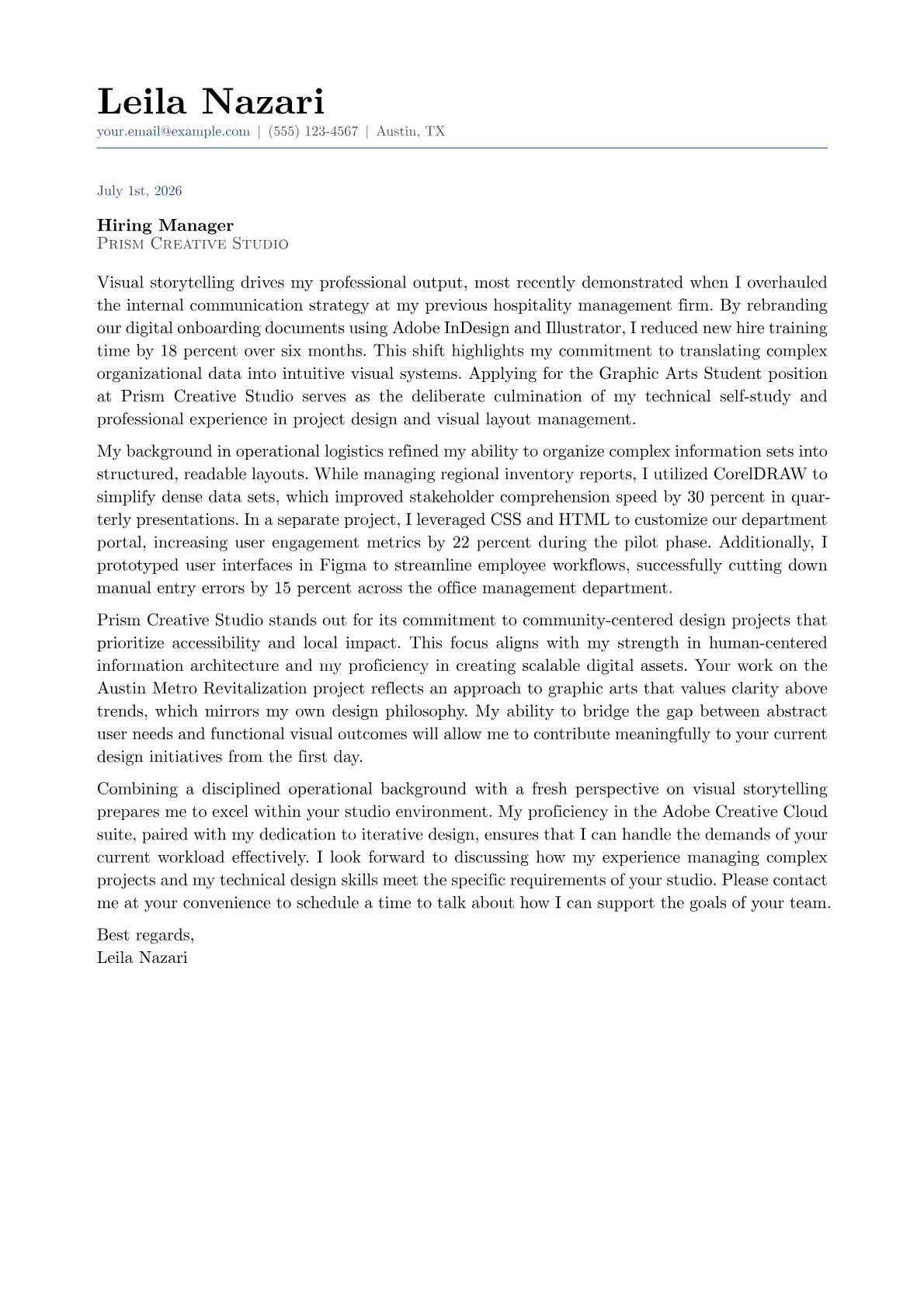 Graphic Arts Student cover letter in the Classic design