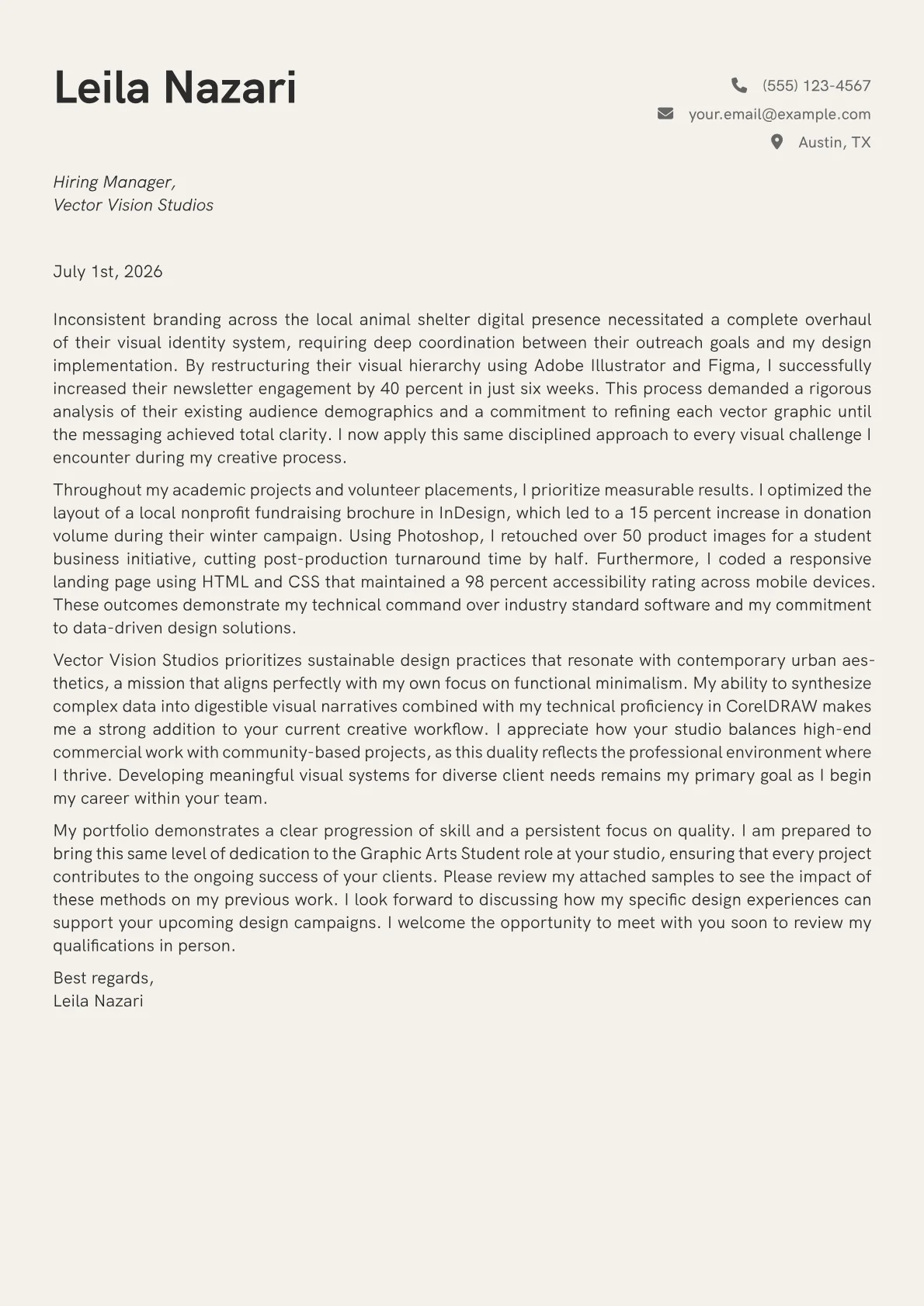 Graphic Arts Student cover letter in the Creative design