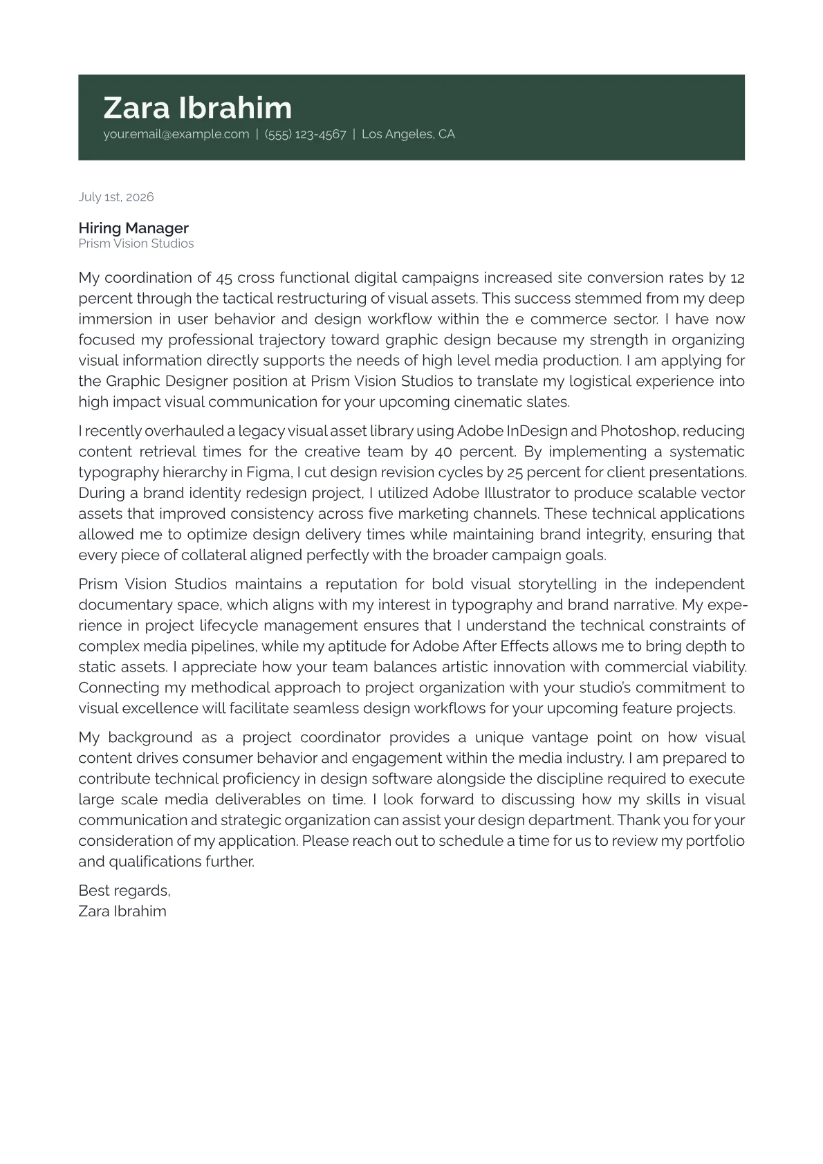 Graphic Design cover letter in the Banner design