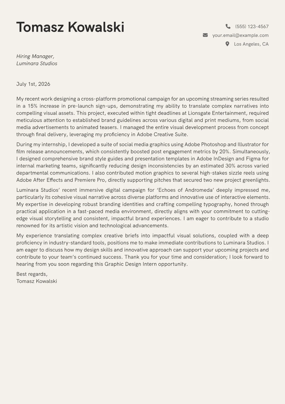 Graphic Design Intern cover letter formatted with a JobSprout template