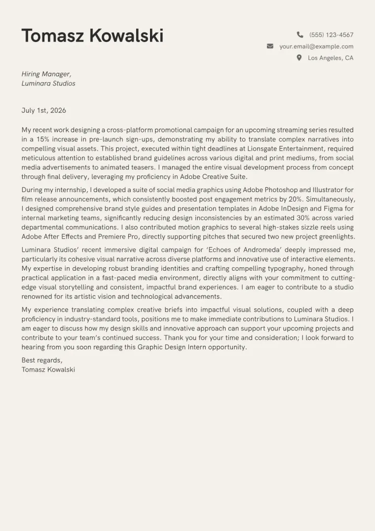 Graphic Design Intern Cover Letter Example