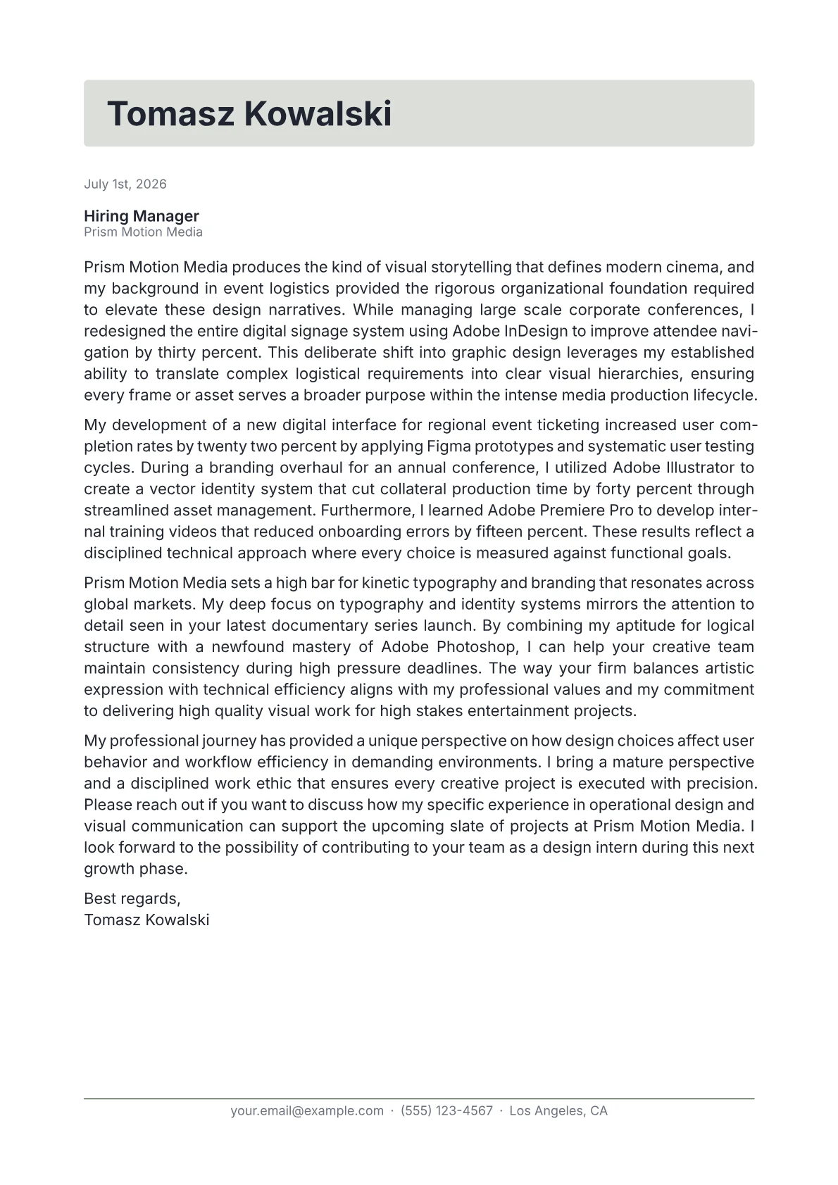 Graphic Design Intern cover letter in the Letterhead design