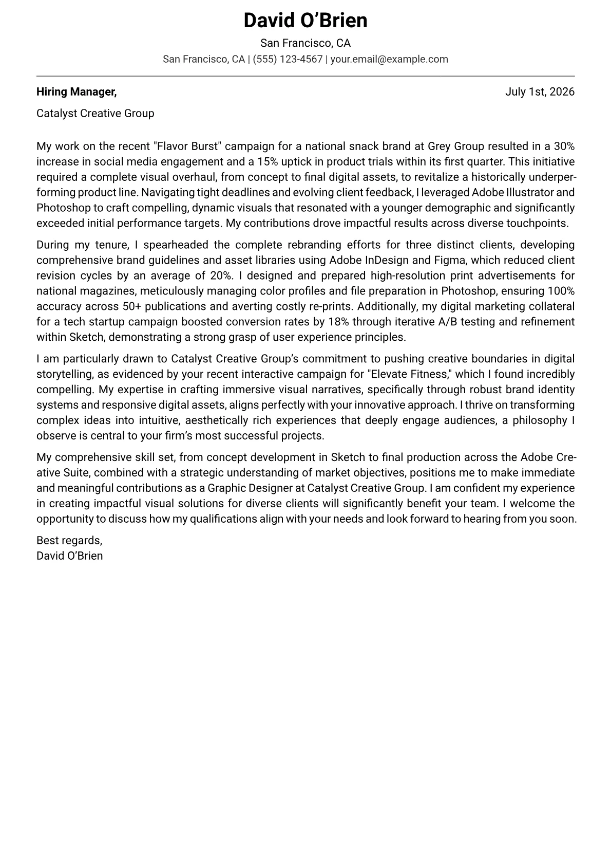 Graphic Designer cover letter formatted with a JobSprout template