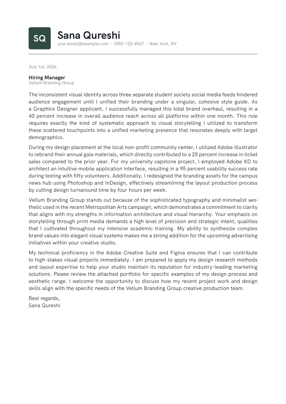 Graphics Designer cover letter in the Emblem design