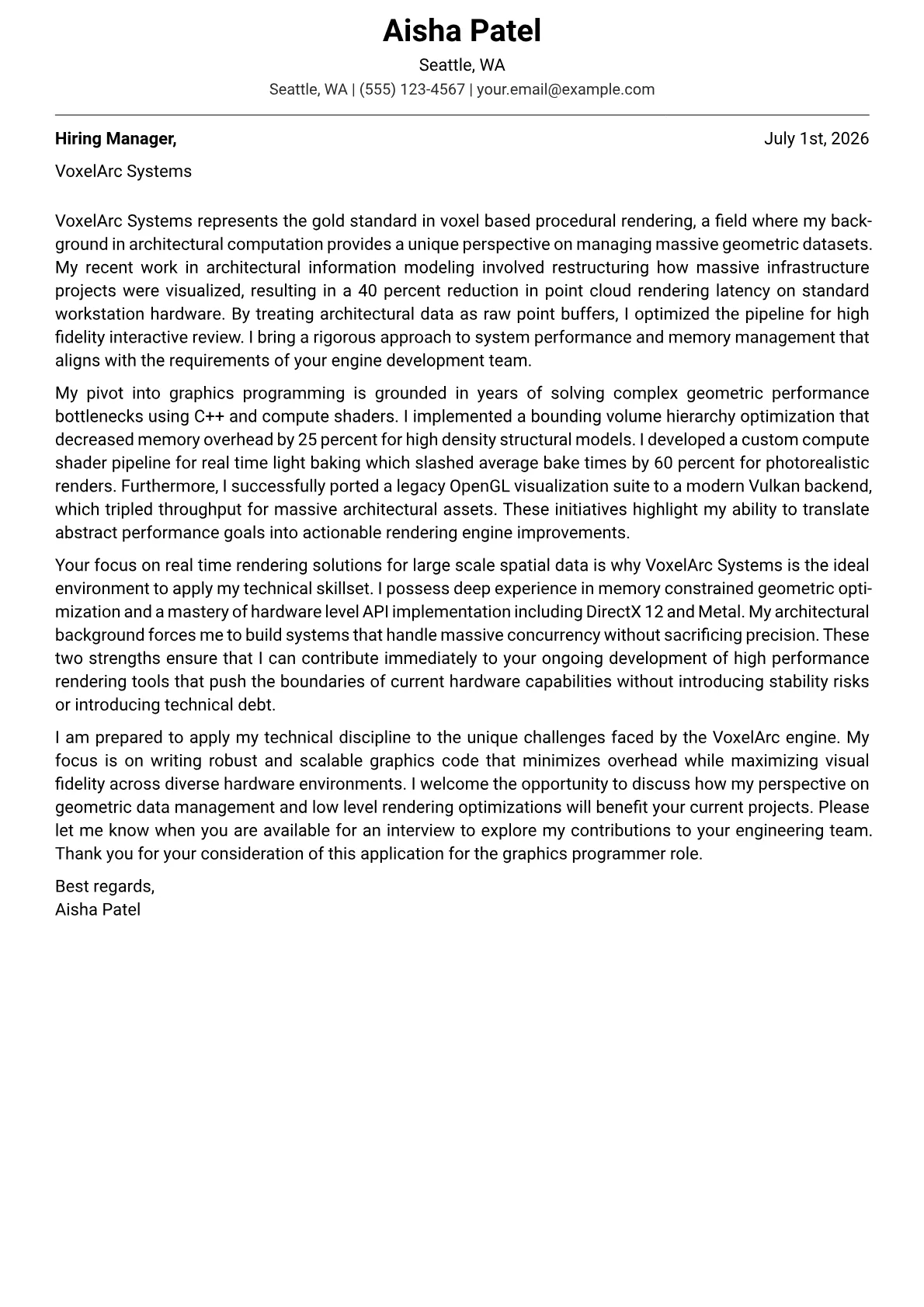 Graphics Programmer cover letter in the Modern design