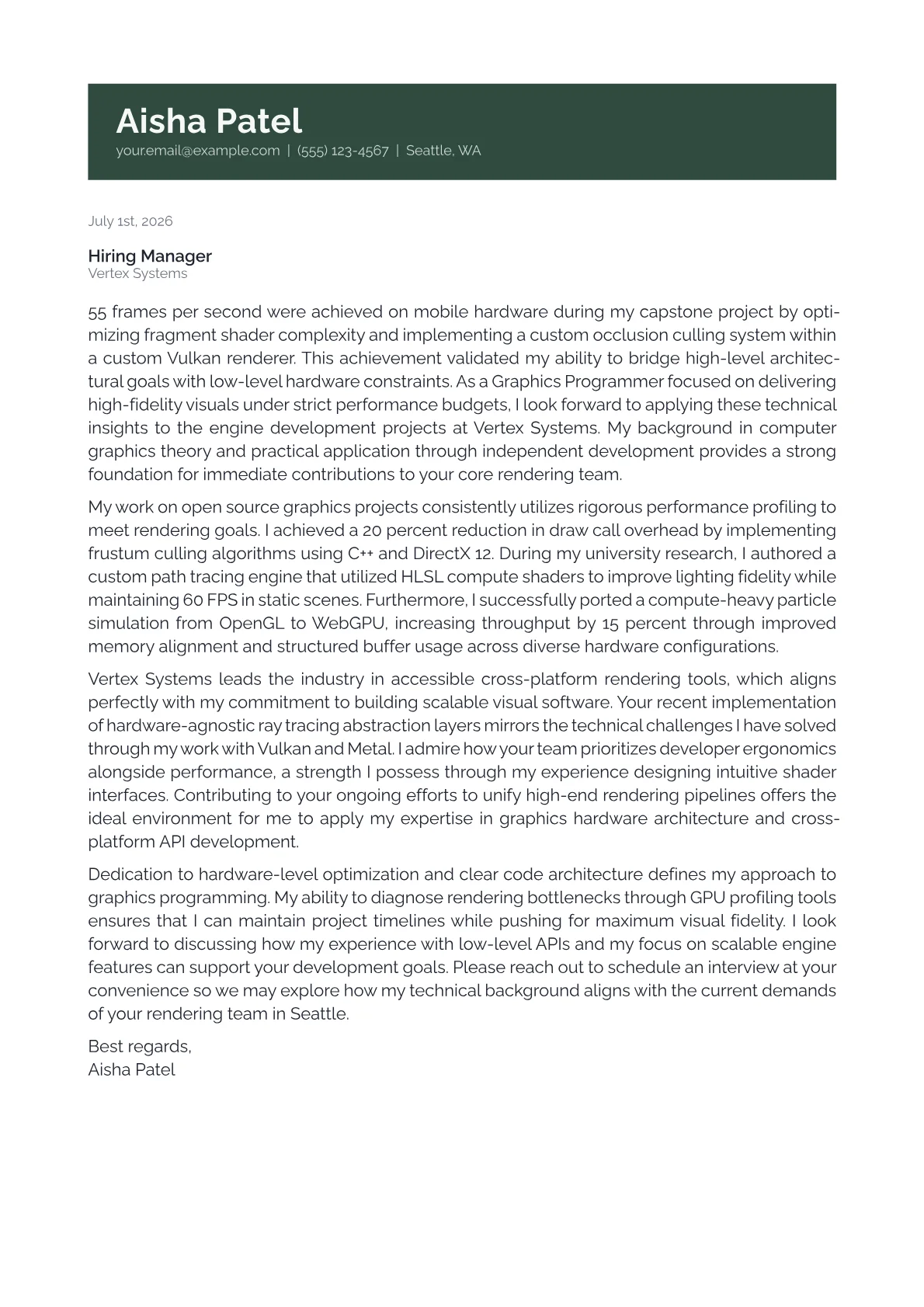Graphics Programmer cover letter in the Banner design