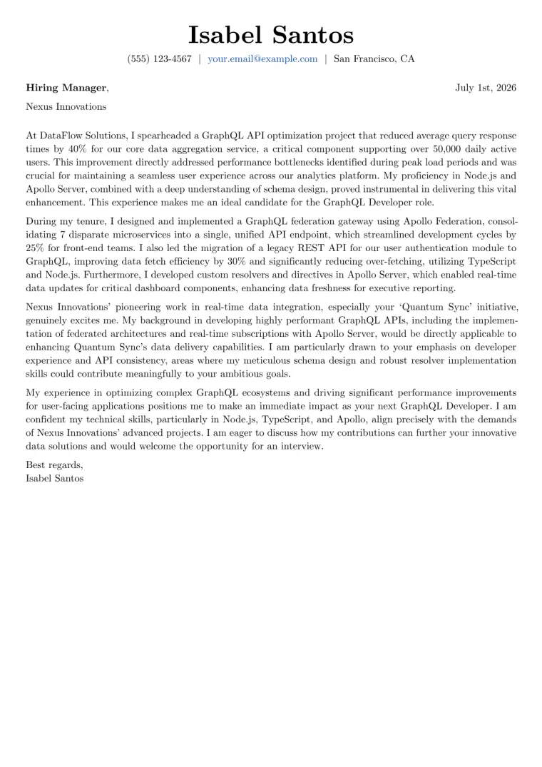 GraphQL Developer cover letter example preview